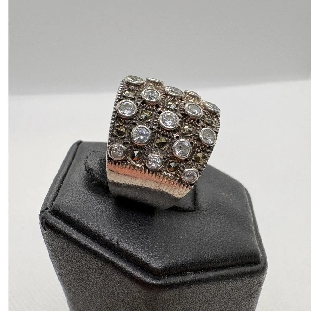 Victoria Townsend DBJ Sterling Silver 925 CZ Marcasite Vintage Wide Band Ring 7